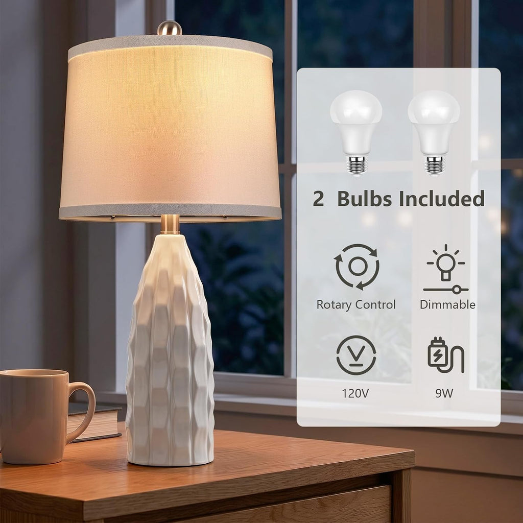WIHTU Creamic Table lamp Set of 2, 24'' Modern Dimmable Table Lamp for Living Room, Farmhouse Nightstand Lamps with Linen Shade, White…