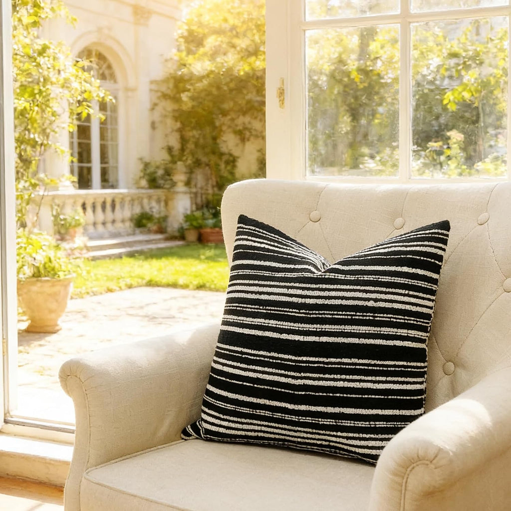 Slow Cow Boho Chenille Textured Woven Stripe Throw Pillow Covers 18 x18 Cushion Cover Black Pillow Cover Pillowcase