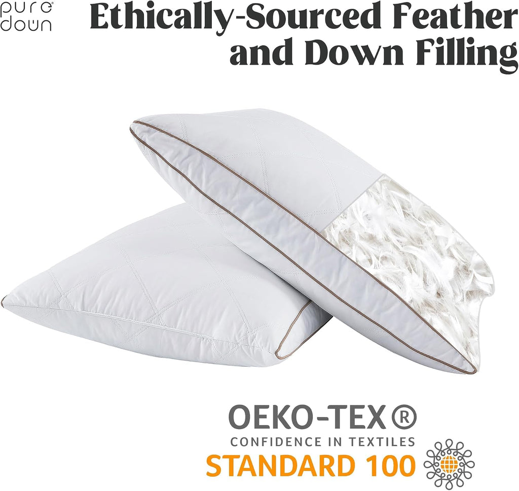 puredown® Natural Goose Down Feather Pillows for Sleeping Oval Gusseted Feather Down Pillow 100% Cotton Pillow Cover with Leaf Quilting…