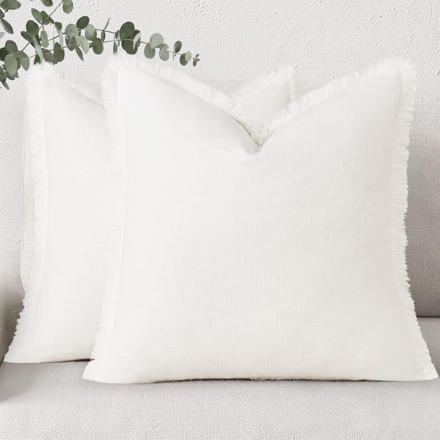 decorUhome Summer Decorative Neutral Linen Fringe Euro Sham Throw Pillow Covers Set of 2 Cream White Pillow Covers with Tassels Soft Farmho…