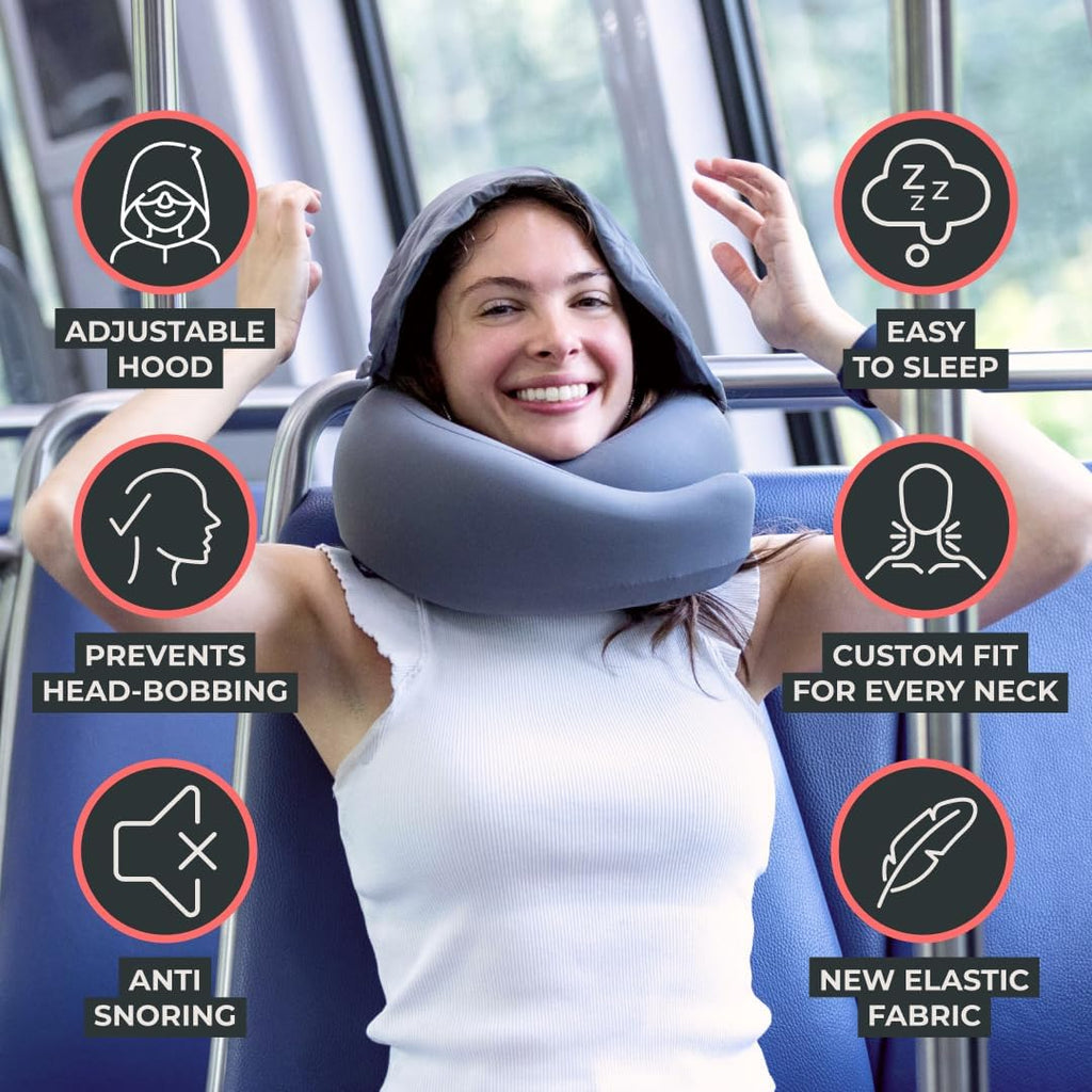 FlyHugz® 2.0 Hooded Travel Pillow – 2026 Original Release – Memory Foam Neck Pillow with Adjustable Hood & Premium Elastic Washable Cover…