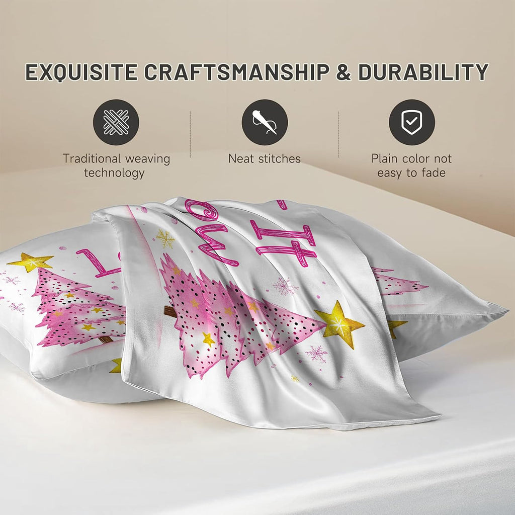 Pink Xmas Trees with Gold Stars Imitation Silk Pillowcase for Hair and Skin Let It Snow 1 Pack Satin Queen Pillowcase with Hidden Zipper…