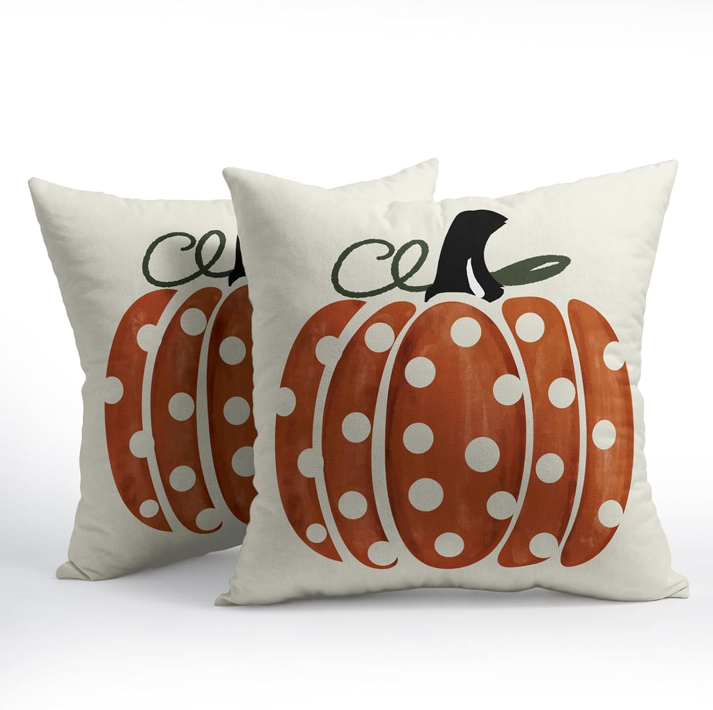 Fall Pumpkin Throw Pillow Cover 18x18 Inch Set of 2 Autumn Orange Pumpkin Outdoor Pillow Cases Polka Dot Beige Thanksgiving Farmhouse…