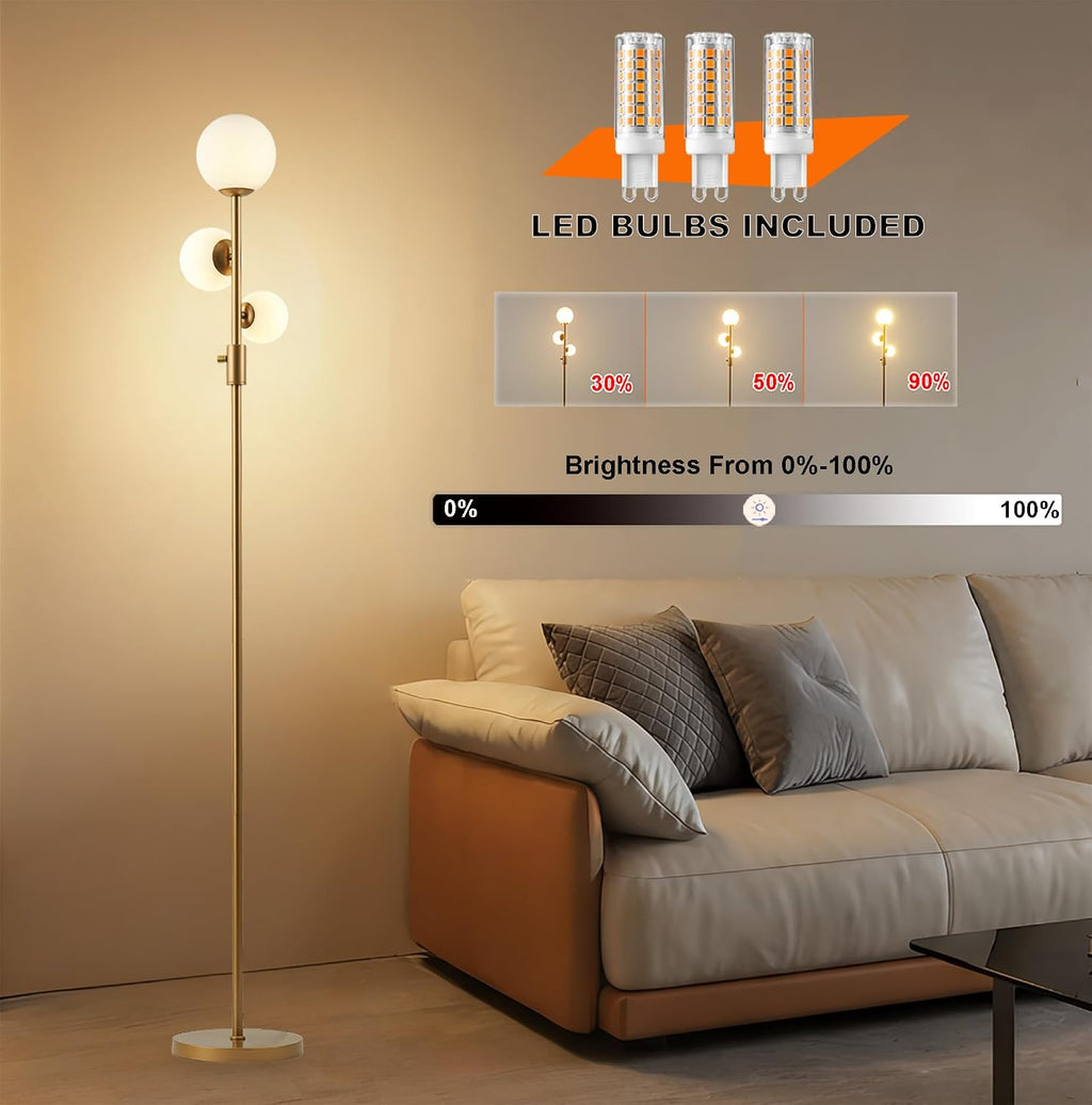 Fiqevs Dimmable 3 Globe Floor Lamp - Mid Century Modern Gold Standing Lamp with Frosted Glass Shade & LED Bulbs for Living Room, Bedroom…