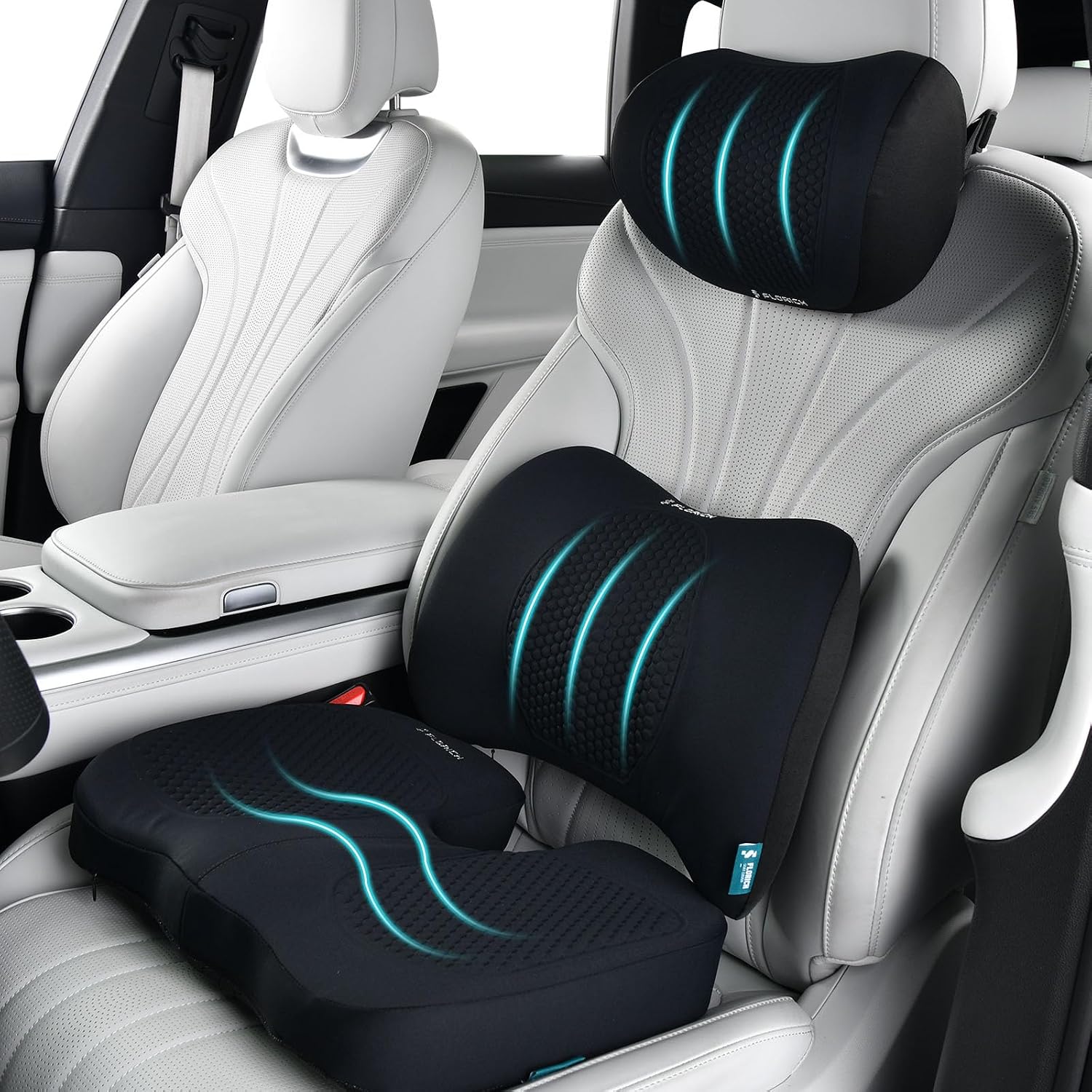 FLORICH 3 PCS Seat Cushion for Carseat Lumbar Support Pillow Car Neck Headrest Pillows Memory Foam Gel Memory Foam Massage Point Seat…