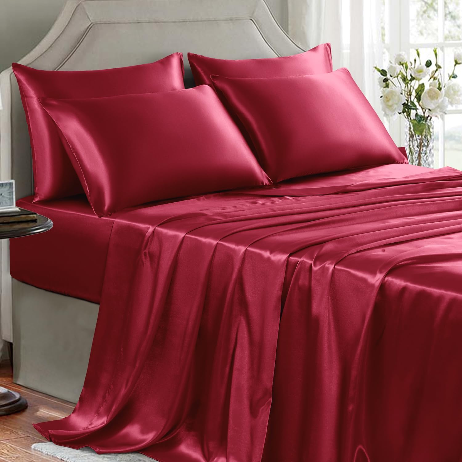 Golal Satin Sheets King Size - 6 Pieces Luxury Silky Soft Bed Sheets, Wrinkle-Free Burgundy Satin Silk Sheet Set with 1 Deep Pocket Fitted…
