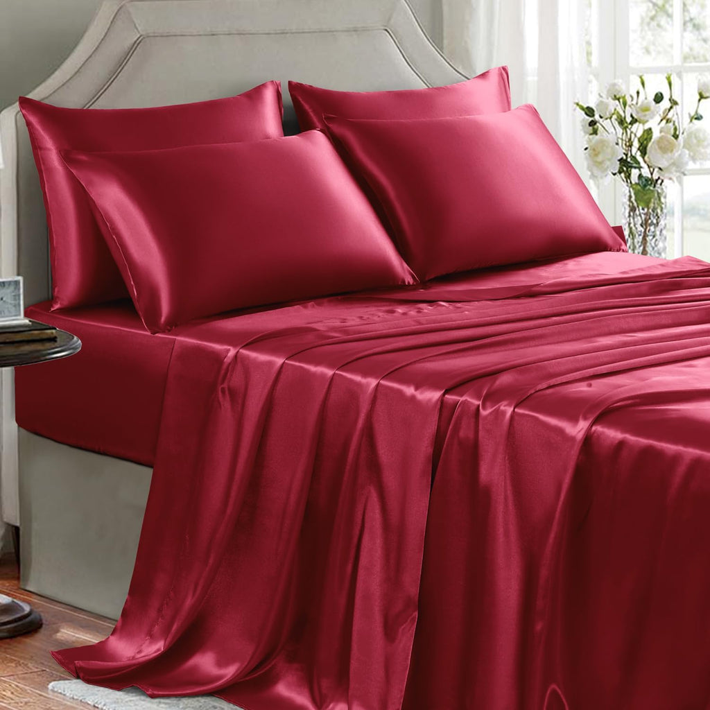 Golal Satin Sheets Full Size - 6 Pieces Luxury Silky Soft Bed Sheets, Wrinkle-Free Burgundy Satin Silk Sheet Set with 1 Deep Pocket Fitted…