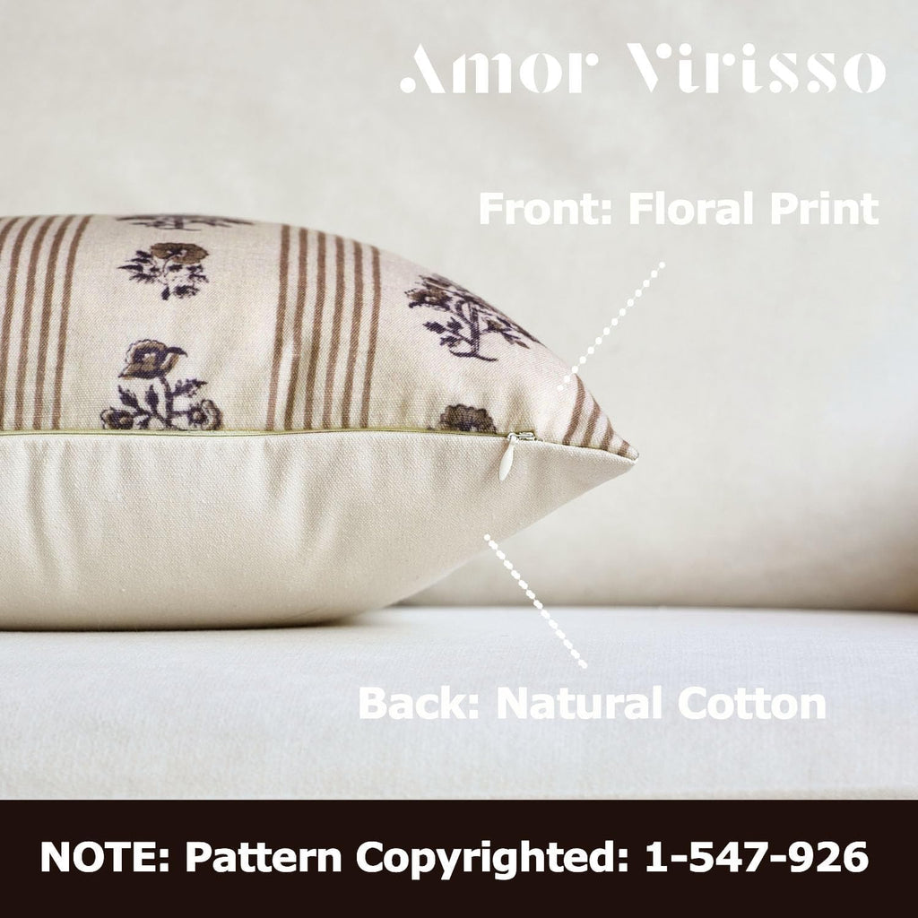 AffordableFloralPrintMaker Amor Virisso Floral Throw Pillow Covers 22x22 Set of 2 Block Print Pillow Covers Neutral Floral Striped Farmhous…