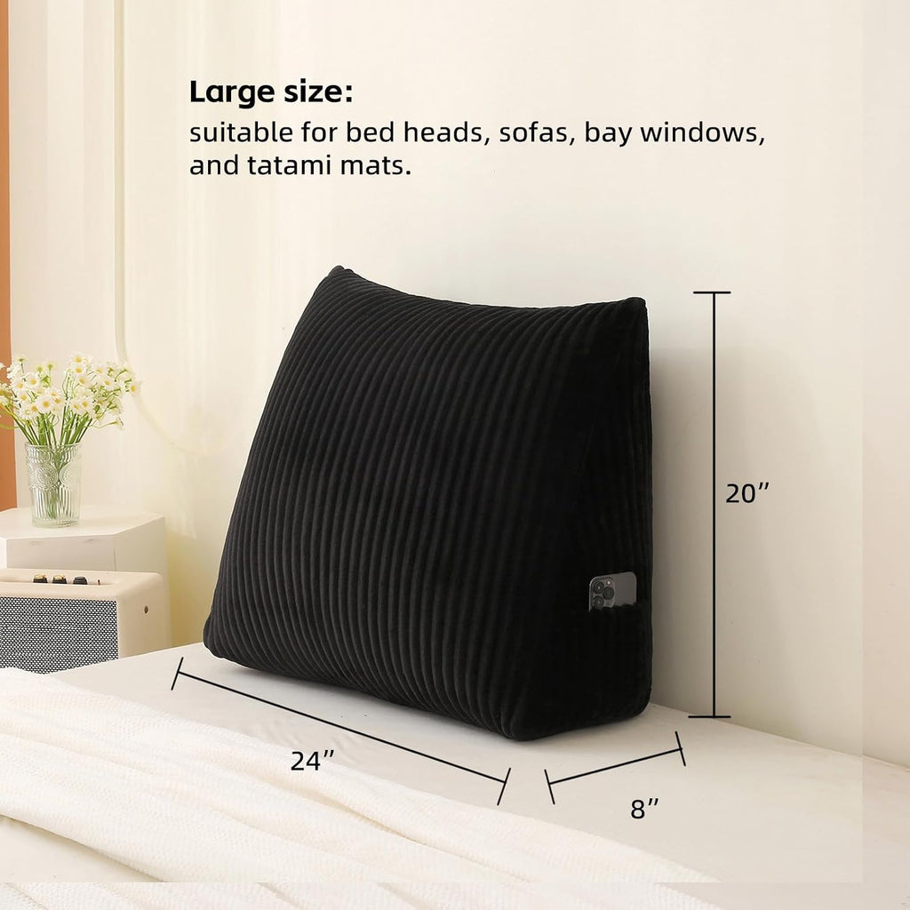 Corduroy Wedge Reading Pillow for Bed, 3 Sizes, 4 Colors for Bed, Sofa, Office Chair (Black, Large 24 * 20 * 8in)