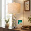 OYEARS 22'' Farmhouse Table Lamp for Living Room, Bedside Lamp with 2 USB Ports for Bedroom, Rustic Nightstand Lamp with Linen Lampshade…