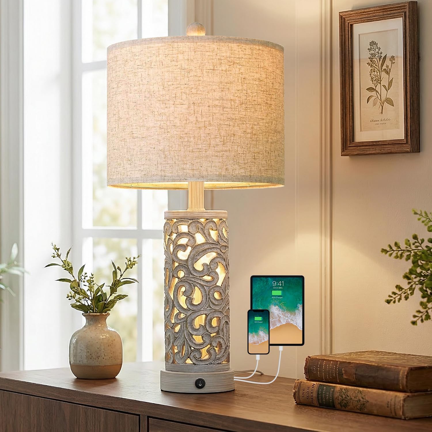 OYEARS 22'' Farmhouse Table Lamp for Living Room, Bedside Lamp with 2 USB Ports for Bedroom, Rustic Nightstand Lamp with Linen Lampshade…