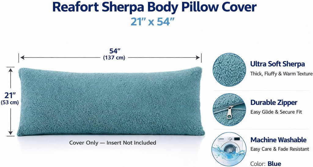 Reafort Sherpa Body Pillow Cover 21" x 54", Plush Fleece Long Body Pillowcase with Zipper Closure, Ultra Soft Fluffy Cozy Decorative…