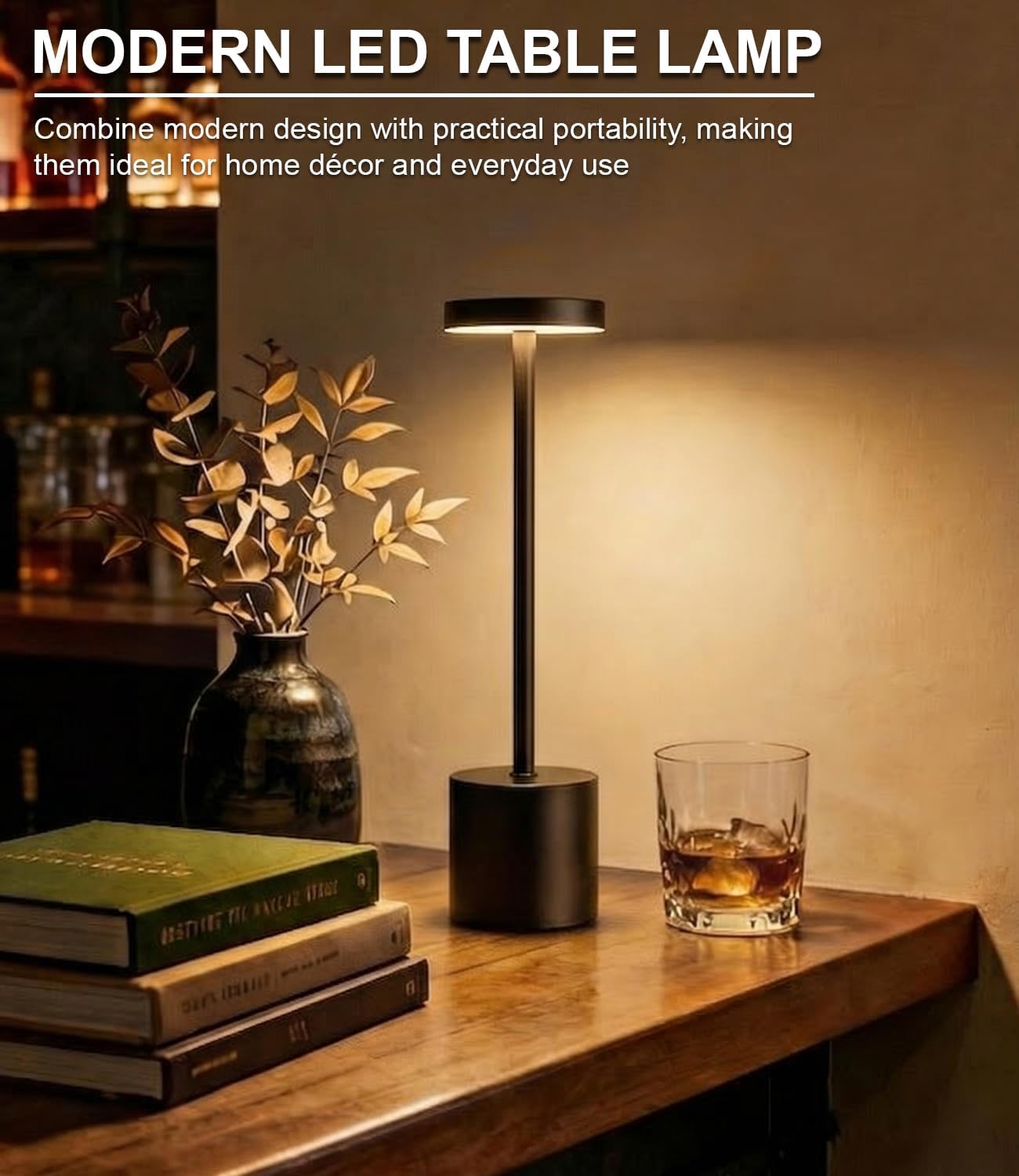 Swinerton Black Cordless Table Lamp, Rechargeable 5000mAh Battery Powered Wireless Table Light, 3 Color Dimmable Lighting, Patio Outdoor…