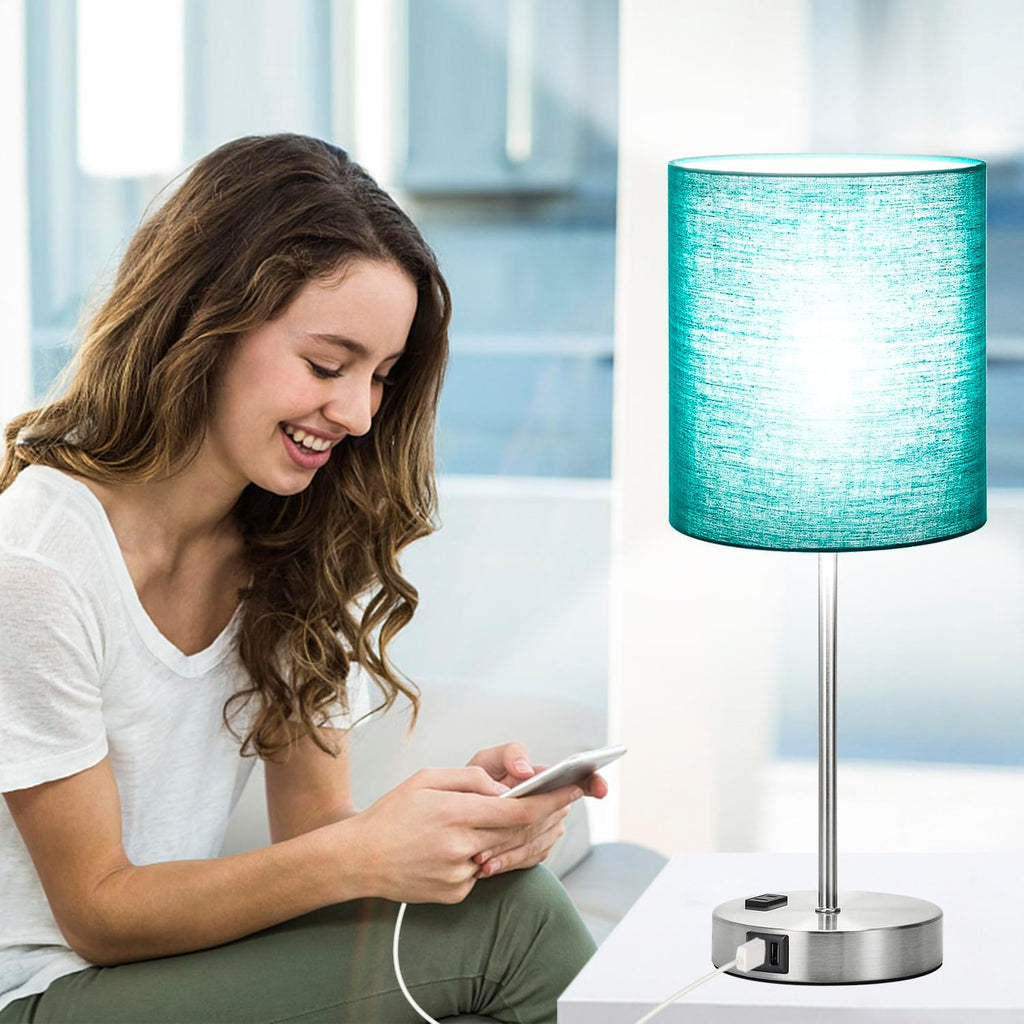 Lynnoland Green Touch Table Lamps Set of 2 with 2 USB & AC Outlet, 3-Way Dimmable Bedside Nightstand Lamps for Bedroom Lamps Living Room…