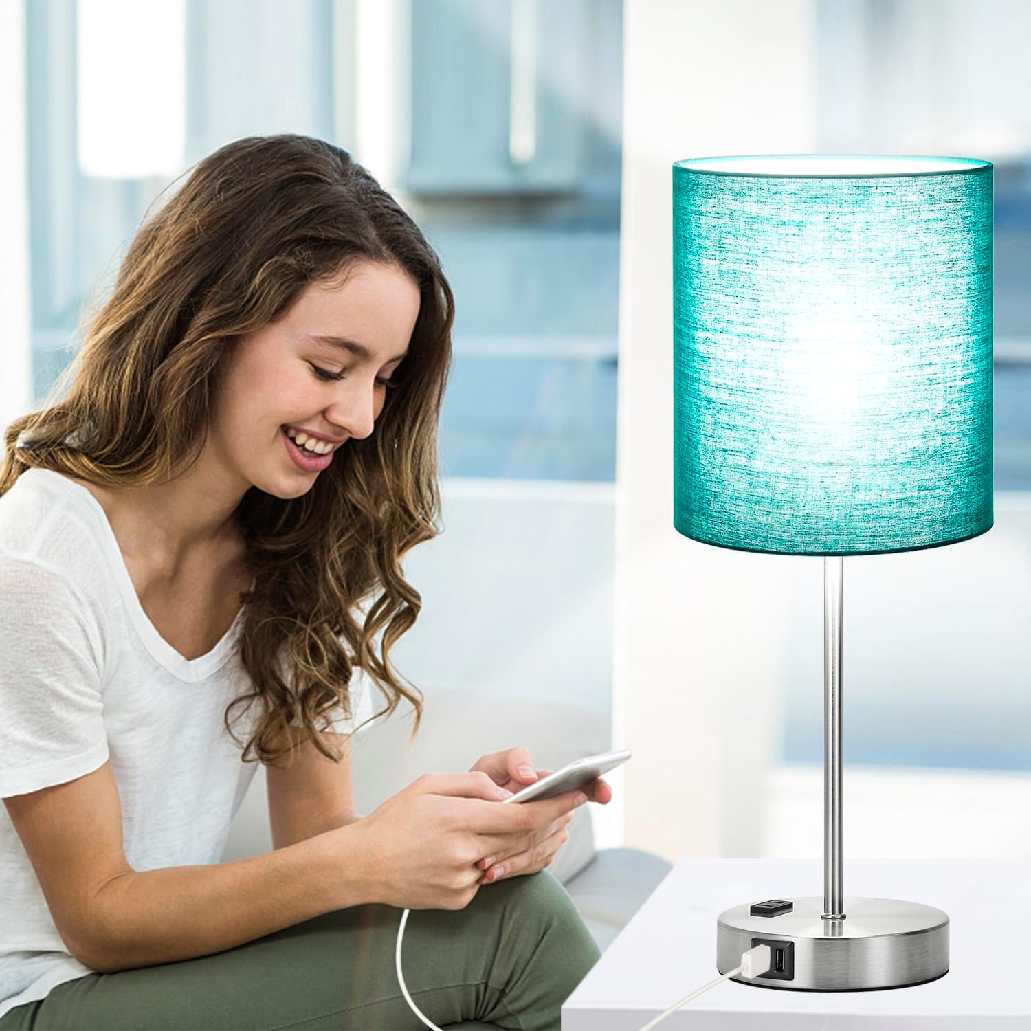 Lynnoland Green Touch Table Lamps Set of 2 with 2 USB & AC Outlet, 3-Way Dimmable Bedside Nightstand Lamps for Bedroom Lamps Living Room…