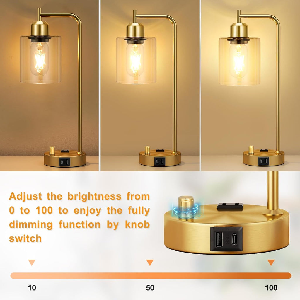 Innqoo Gold Table Lamp for Bedroom - Industrial Bedside Lamp with USB Port and Outlet, Fully Dimmable Nightstand Lamp with Clear Glass…