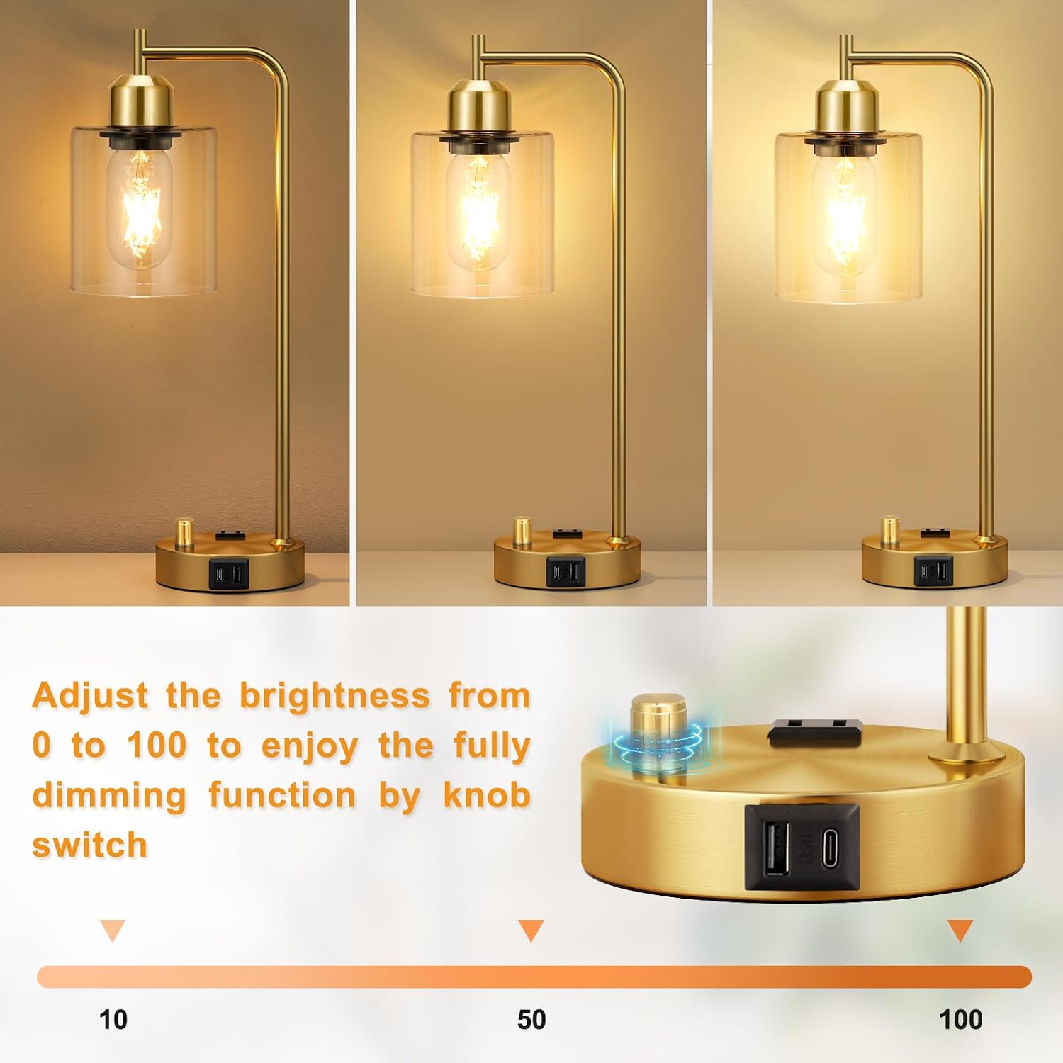 Innqoo Gold Table Lamp for Bedroom - Industrial Bedside Lamp with USB Port and Outlet, Fully Dimmable Nightstand Lamp with Clear Glass…