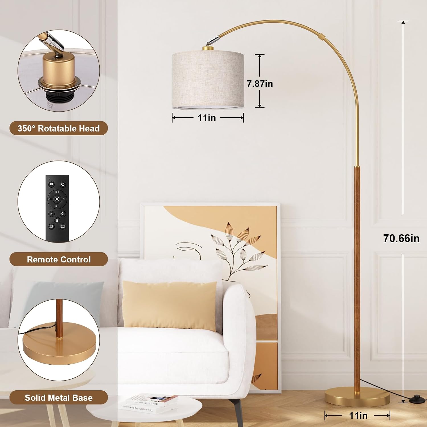 Ambimall Dimmable Arc Floor Lamp with Remote, Color Temperatures and Brightness Adjustable, Arched Floor Lamp with Rotating Head, Over…