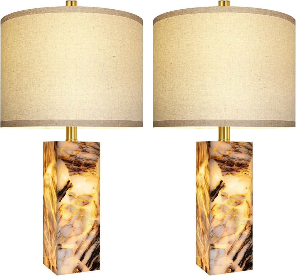 Scenekoy 23" Modern Alabaster Table Lamps Set of 2 with Night Light for Bedroom, Rotary Switch, Bedside Lamp with Linen Shade, Brown…