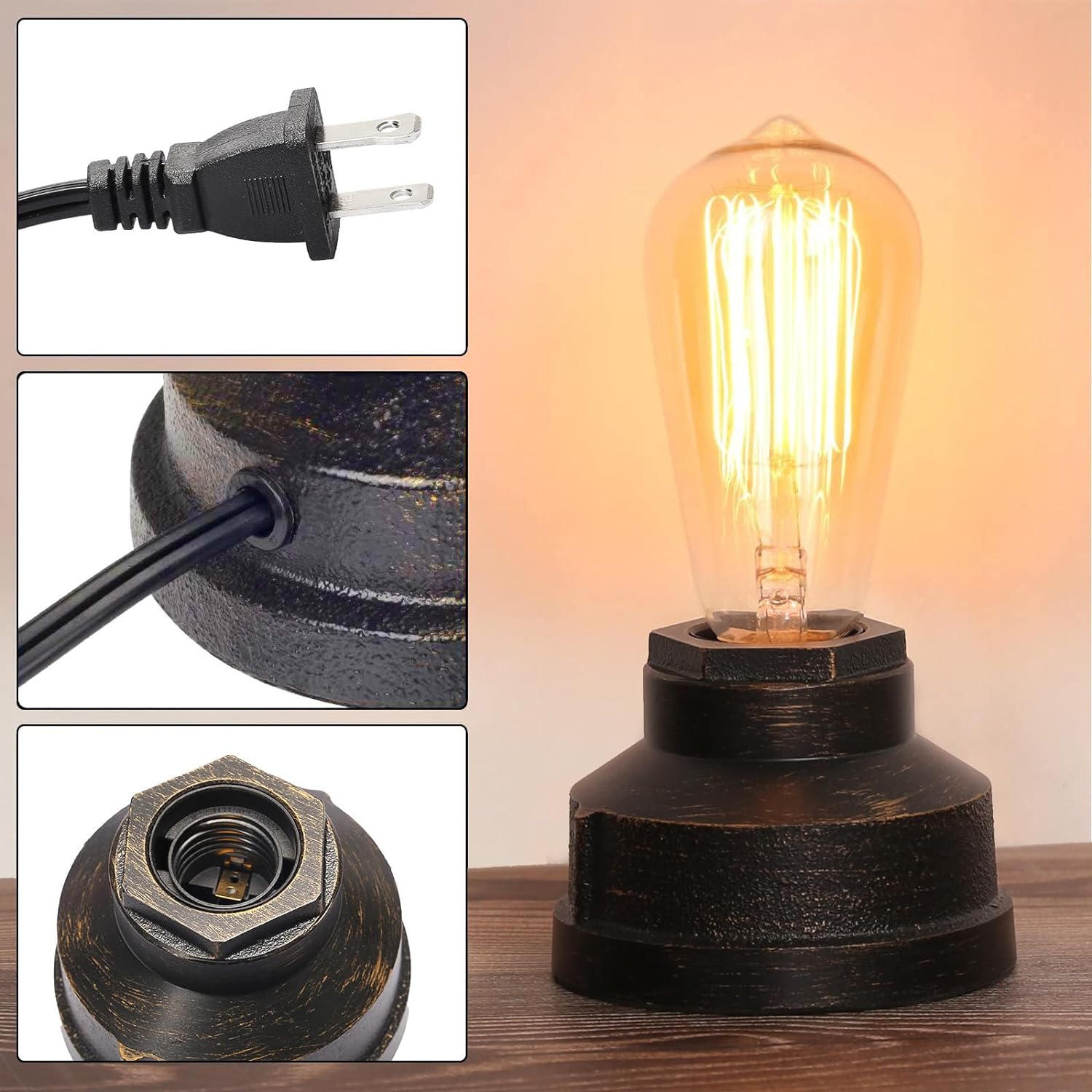 Small Touch Control Table Lamp Base, Industrial Touch Light Vintage Edison Bulb Base, Dimmable Bedside Nightstand Accent Light for Living…