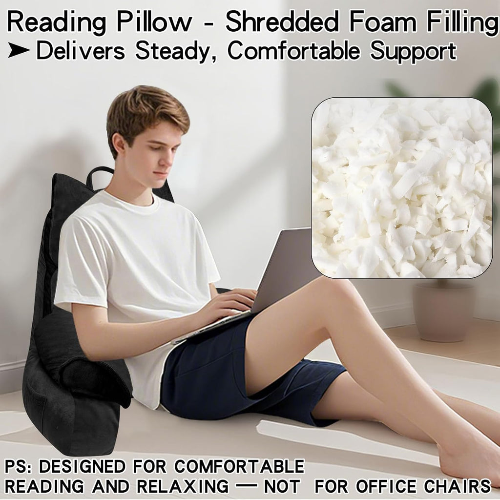 RRPAHWTV Reading Pillow for Bed with High Arm Rests, Back Support Pillow for Sitting Up in Bed with Shredded Memory Foam for Reading, TV…