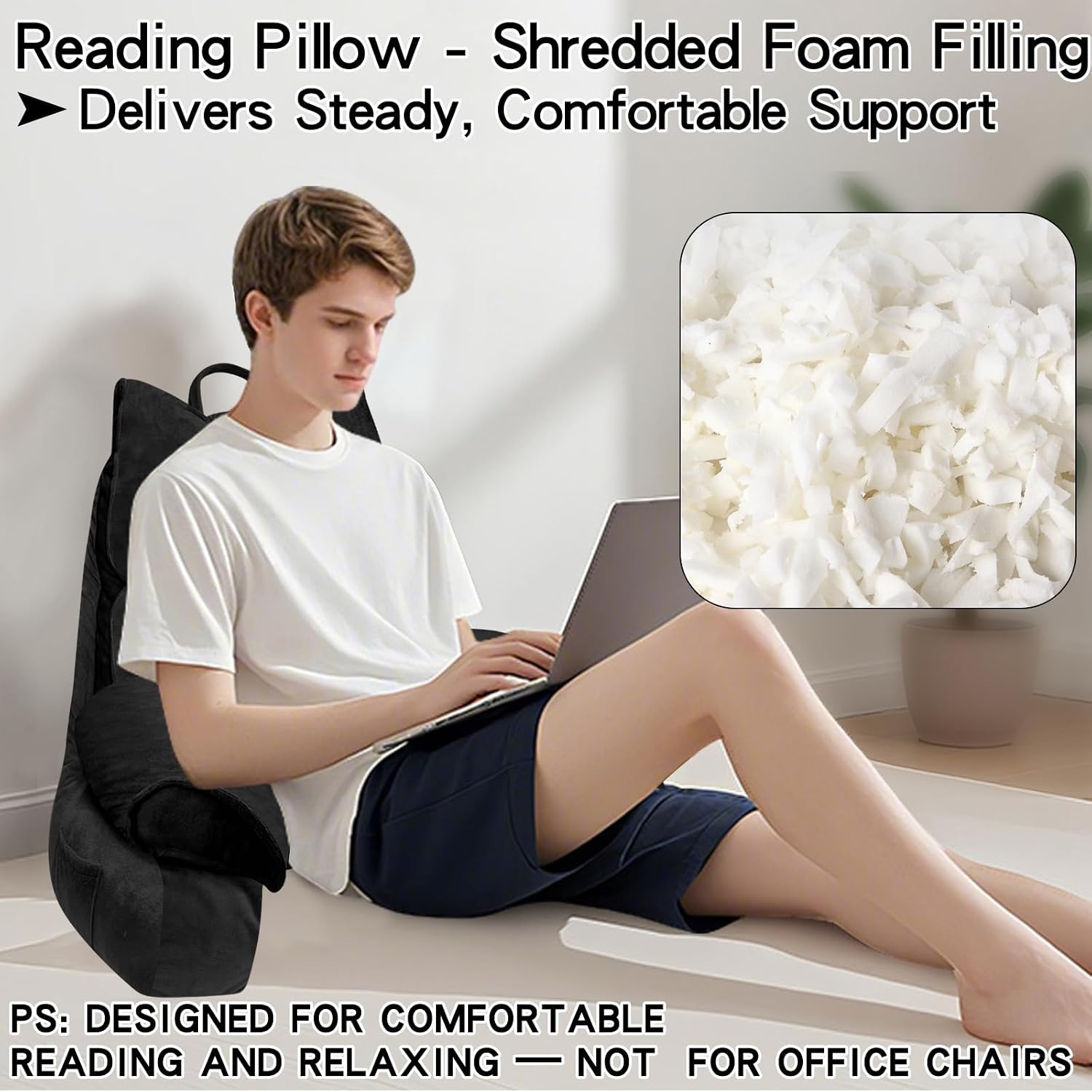 RRPAHWTV Reading Pillow for Bed with High Arm Rests, Back Support Pillow for Sitting Up in Bed with Shredded Memory Foam for Reading, TV…