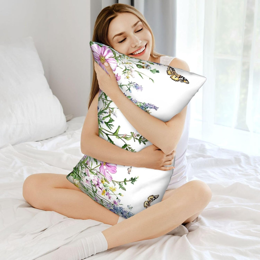 Satin Pillowcase for Hair and Skin Watercolor Wildflowers Butterfly Super Soft and Cooling Similar to Silk Pillow Case 1 Pack with Hidden…
