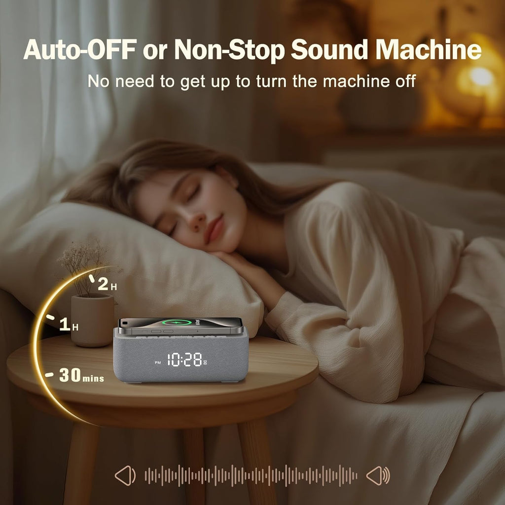 REACHER 15W Fast Wireless Charging Alarm Clock with White Noise Machine │ 20 High-Fidelity Sleep Sounds │ Gradual Wake & Unlimited Snooze…
