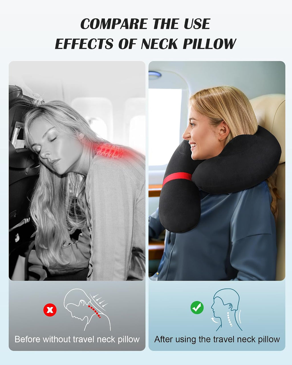 Patented Design Inflatable Travel Neck Pillow – Airplane Neck Pillow with 360° Head & Neck Support, Soft Washable Velvet Cover, Compact…