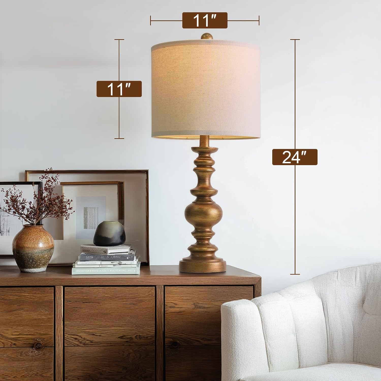 BOBOMOMO 24" Traditional Lamps Set of 2 – Antique Gold Bedside Lamps with Linen Shades, Elegant Medium Farmhouse Lamps for Living Room…