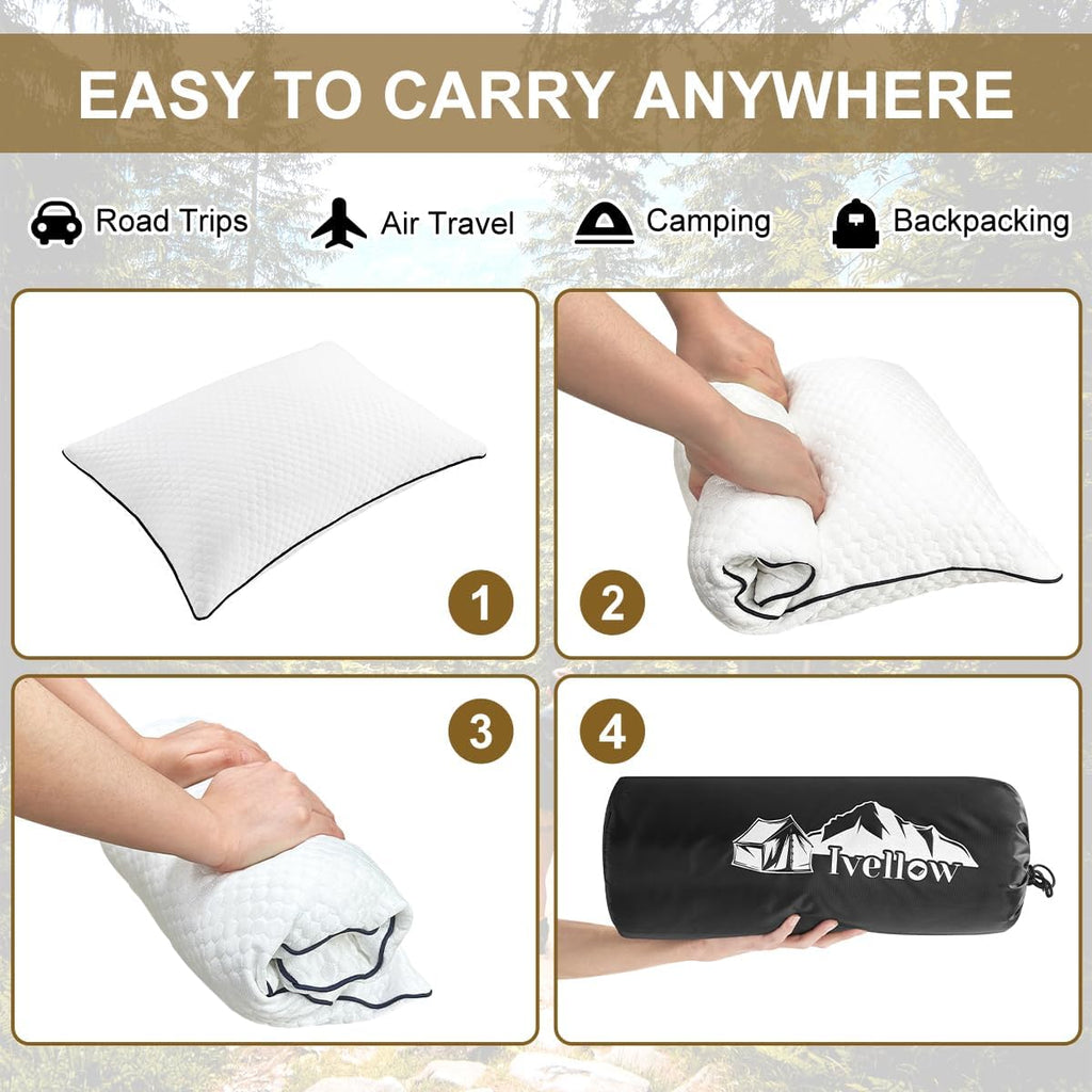 Ivellow Travel Pillow Camping Pillow for Sleeping Small Cooling Shredded Memory Foam Pillow Compressible Compact Medium Firm, Breathable Sof…