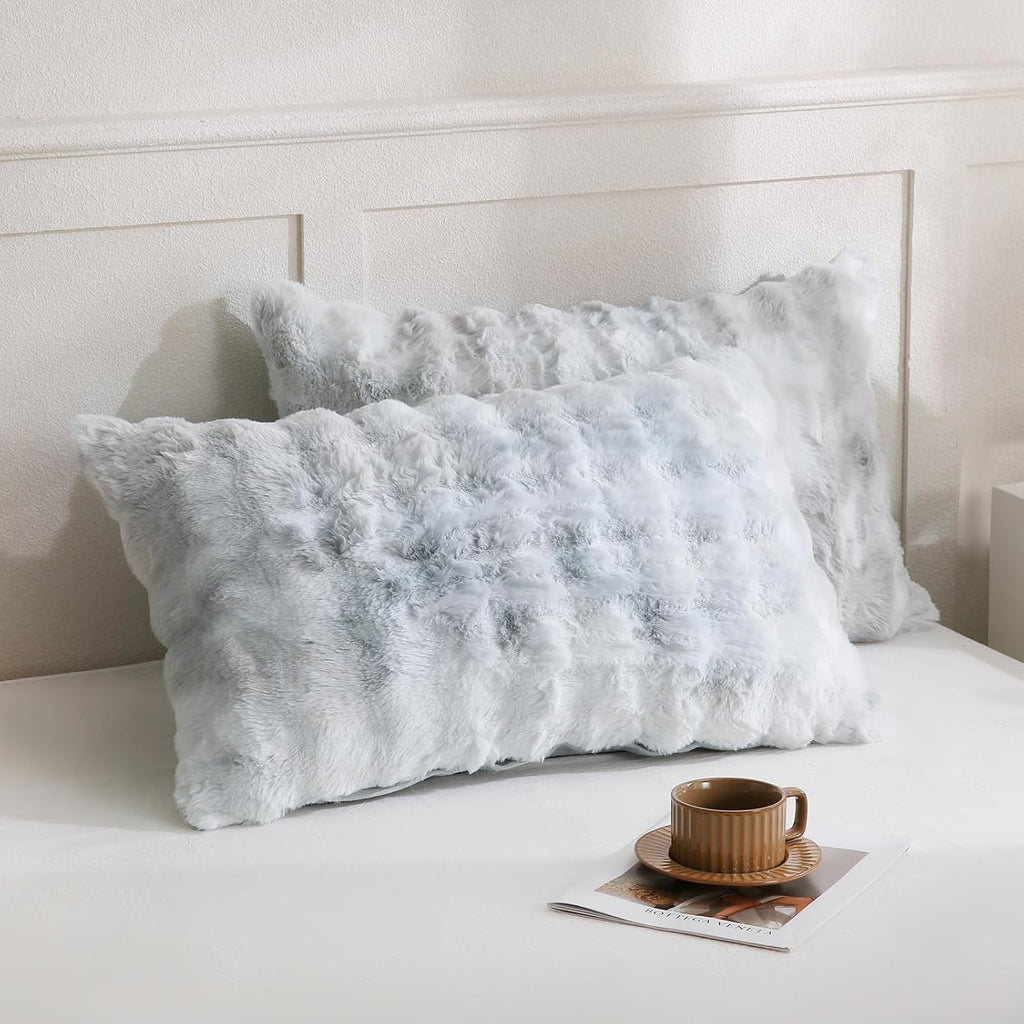 Chumerry Gray Fuzzy Pillow Case Faux Fur Pillow Cover Chic Plaid Check Texture Extra Soft Fluffy Plush Shaggy Fabric Tie Dye Decorative Pil…