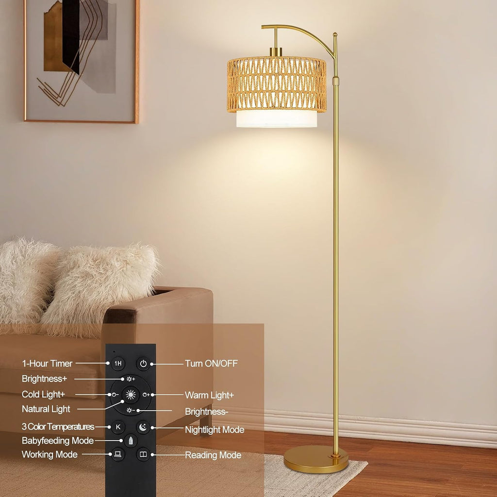 Gold Floor Lamps for Living Room Rattan Boho Floor Lamp with Remote Control & 3 Color Temperature, Dimmable Arc Floor Lamps Wicker Lamp…