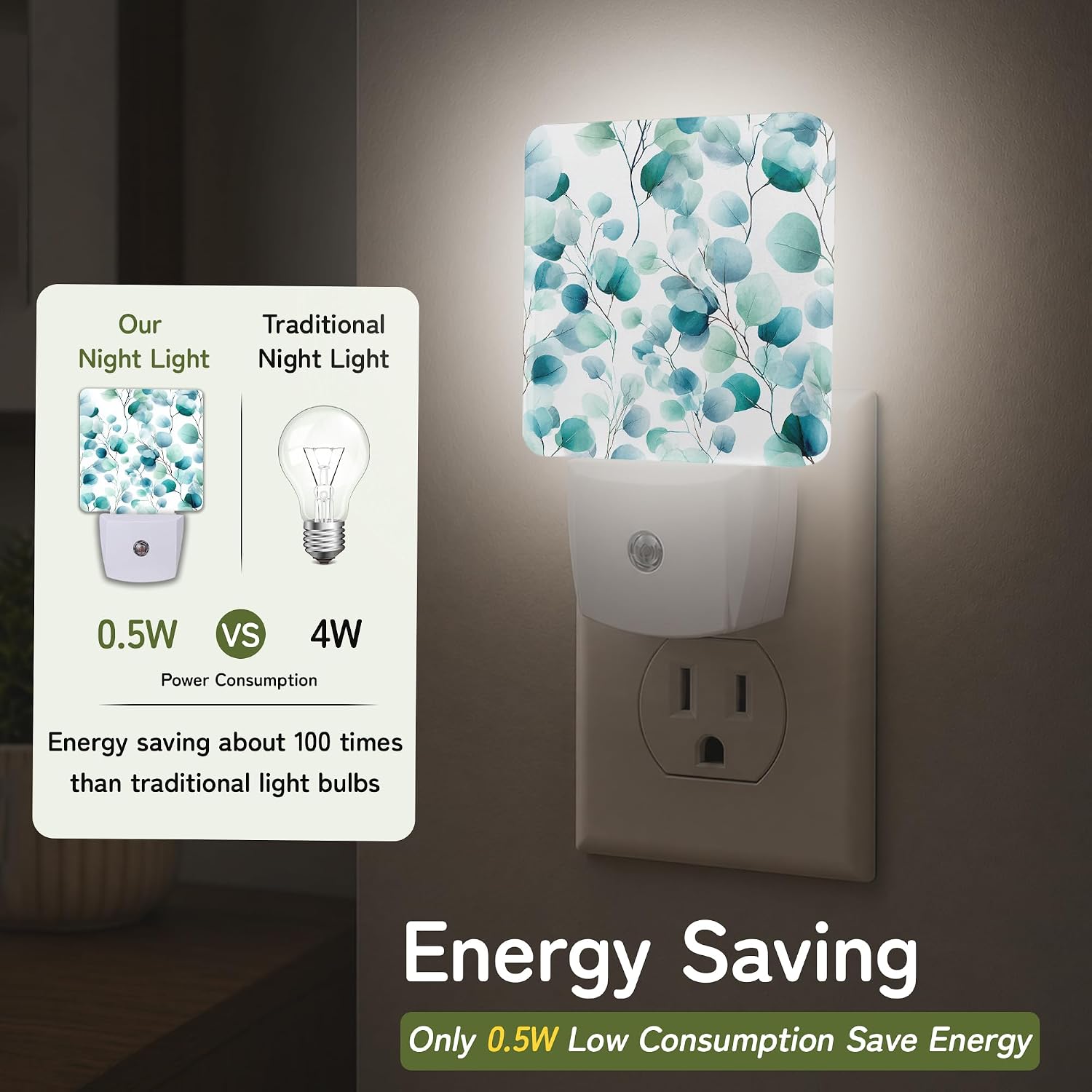 Night Light, Green Eucalyptus Night Lights Plug into Wall Decor for Bedroom Bathroom Hallway Kitchen, Dusk to Dawn Sensor Gift for Women…