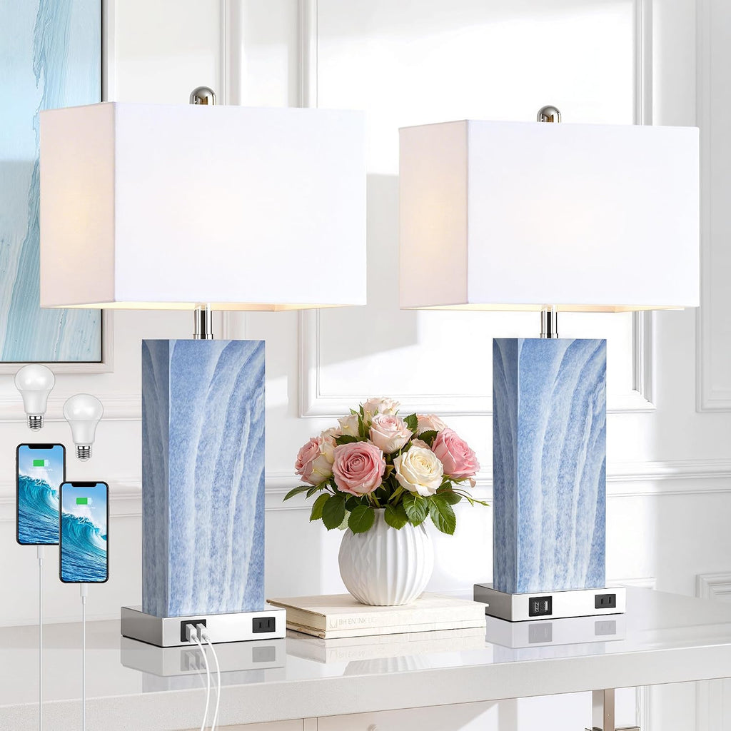 Touch Control Table Lamps with White Fabric Shade Set of 2, 3-Way Dimmable Modern Ceramic Blue Nightstand Bedside Lamp with 2 USB Ports 1…