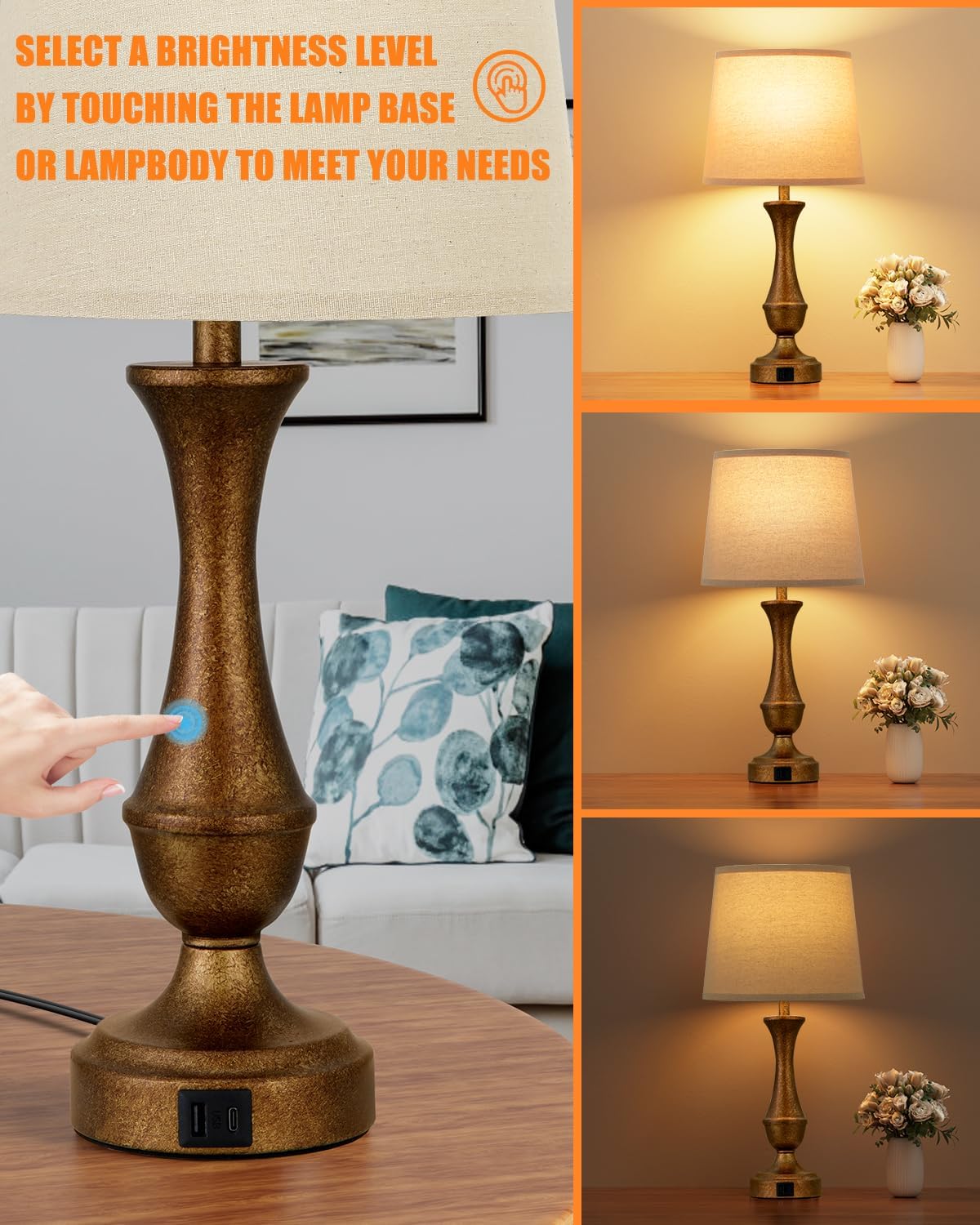 Seealle Upgraded Touch Lamps for Night Stands Set of 2 - Bedside Lamps with USB C+A, 3 Way Dimmable for Bedroom Living Room End Tables…