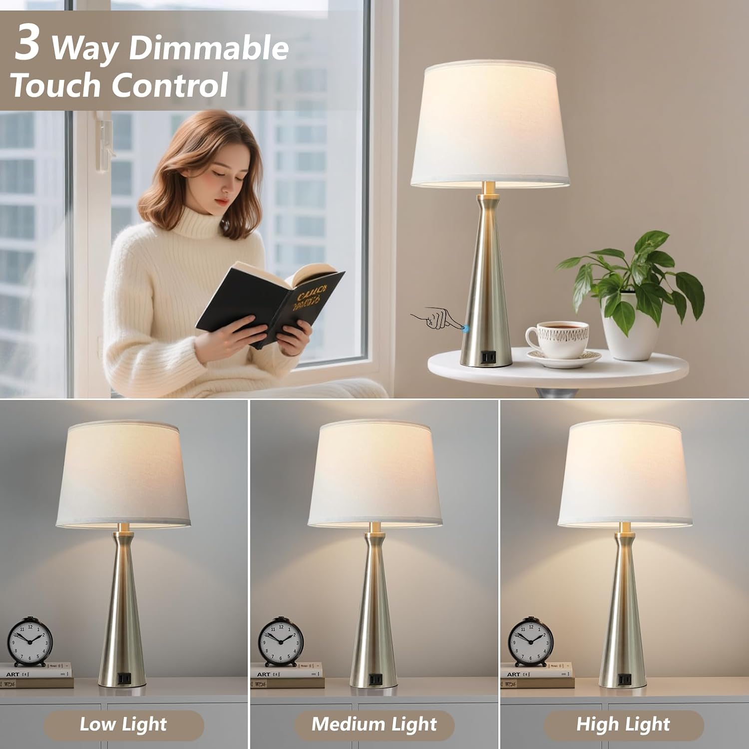 Seealle Modern Table Lamps Set of 2 - Touch Bedside Lamp for Nightstand with Dual USB C+A,3-Way Dimmable Silver Nightstand Lamps for…