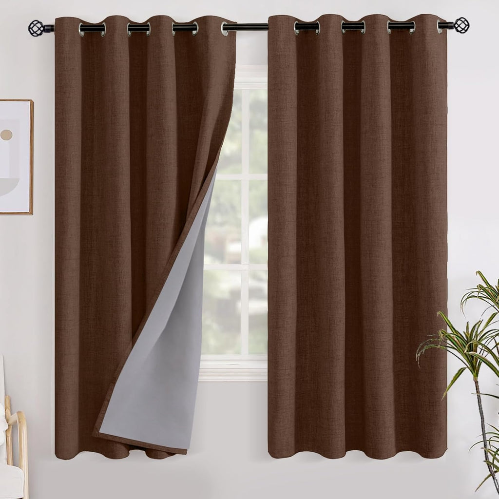 YoungsTex Brown Linen Blackout Curtains 68 Inch Length for Bedroom, Light Blocking Thermal Insulated Window Drapes with Grommet for Living…