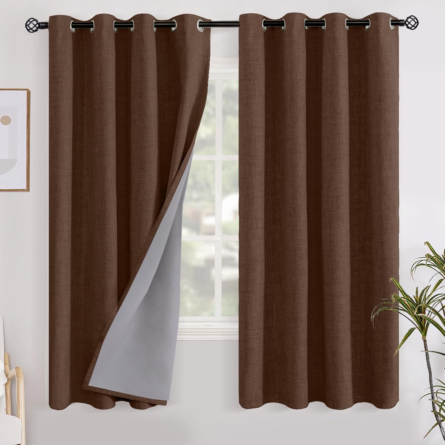 YoungsTex Brown Linen Blackout Curtains 68 Inch Length for Bedroom, Light Blocking Thermal Insulated Window Drapes with Grommet for Living…