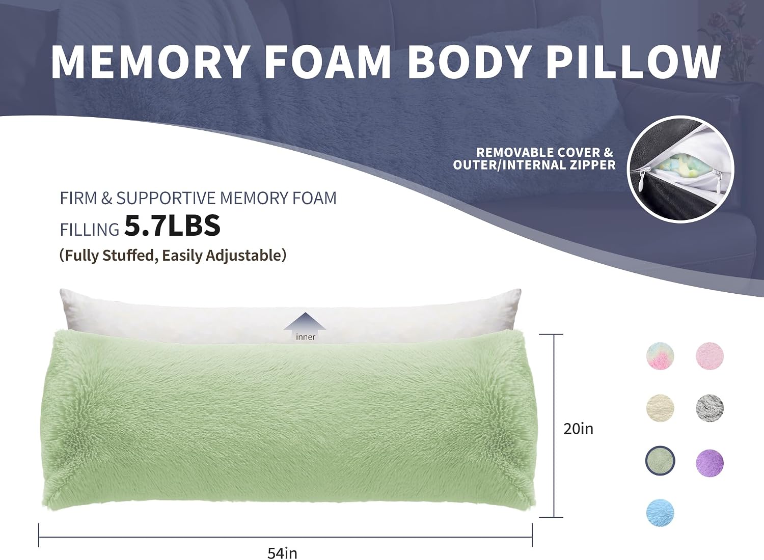 Wsofrlac Large Memory Foam Body Pillow with Removable Long Firm 20x54 Body Pillow Cases for Bed Green Pregnancy Custom Body Pillows Snuggle…