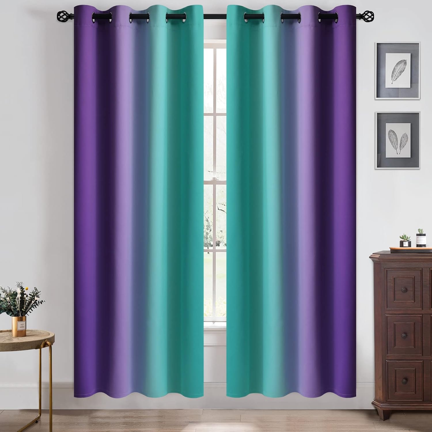Yakamok Ombre Teal and Purple Curtains for Bedroom, Gradient Room Darkening Curtains 72 inches long, Grommet Thermal Insulated Light Blockin…