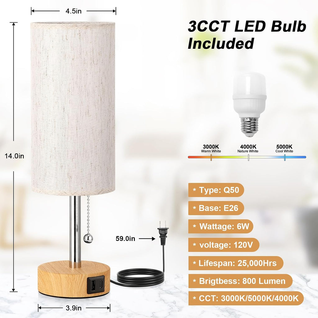 PartageiZ Small Table Lamp for Bedroom Nightstand - Bedside Lamp with USB A + C Charging Port, 3 Color Temperatures Pull Chain Night…