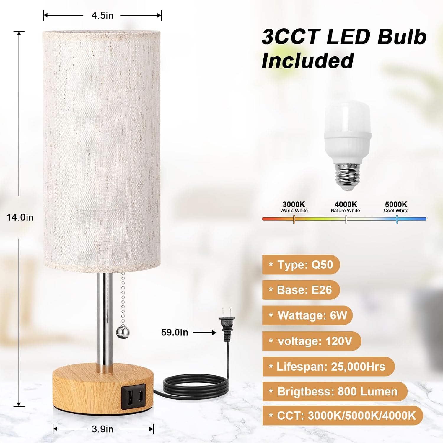PartageiZ Small Table Lamp for Bedroom Nightstand - Bedside Lamp with USB A + C Charging Port, 3 Color Temperatures Pull Chain Night…