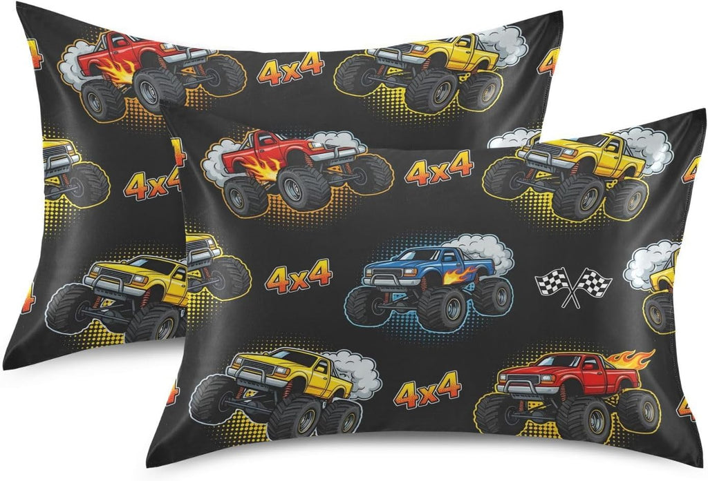 Monster Truck Fire Black Print Pillow Covers Silk Pillowcase for Hair and Skin Soft Breathable Smooth Cooling Satin Pillowcase King Size…