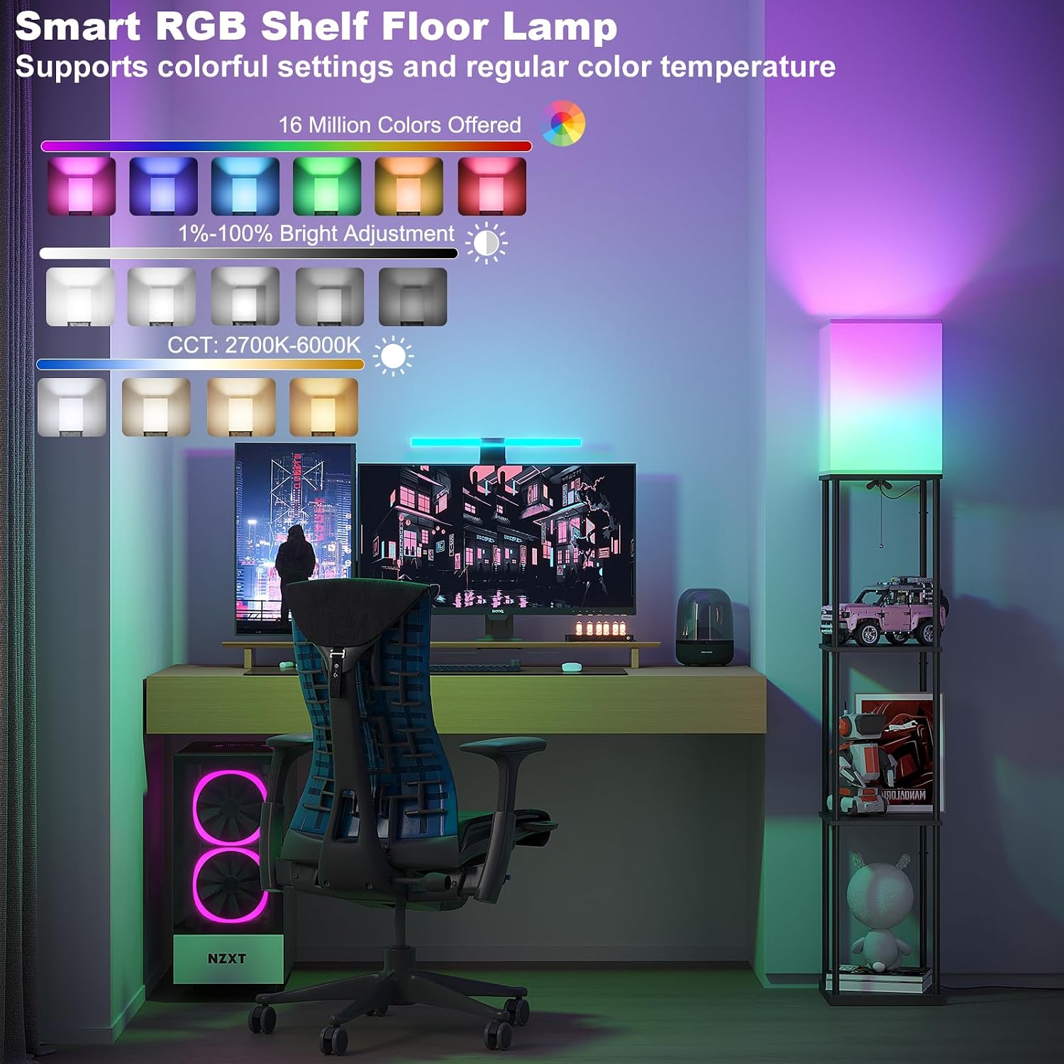 SUNMORY Floor Lamp with Shelves, Smart APP Control Standing Lamps with RGB Bulb, 4-Tier Dimmable Floor Lamps for Living Room, Tall Lamp…