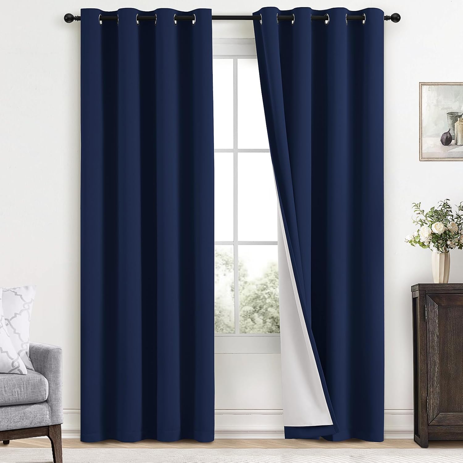 Yakamok Navy Blue 100% Blackout Curtains 84 Inches Long Thermal Insulated Window Curtain for Bedroom Living Room Darkening Set of 2 Panels…