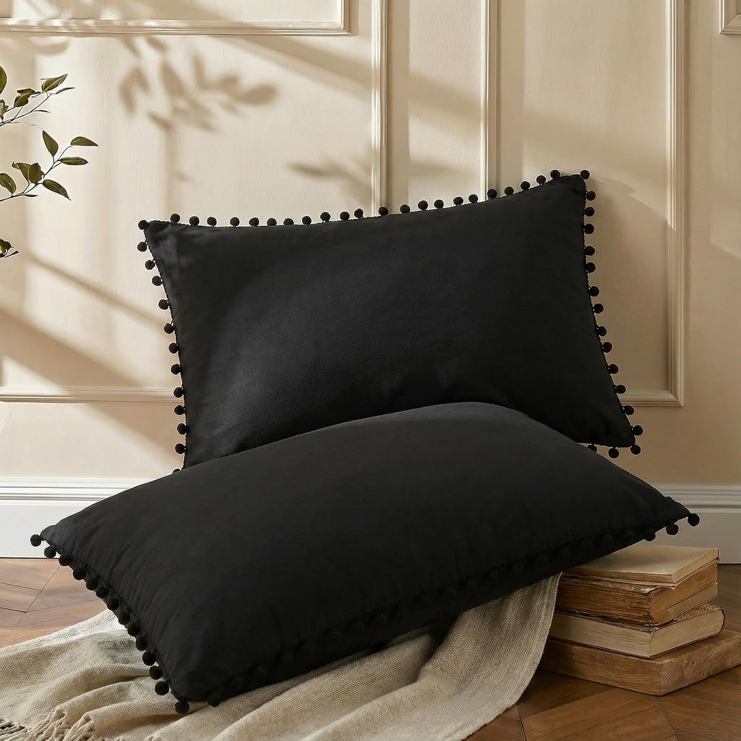 Moveover Black Pom Poms Pillowcases, Black Queen Pillow Cases Set of 2, 100% Washed Microfiber, Ball Fringe Pillow Cover, 2 Pack 2 Pack Bla…
