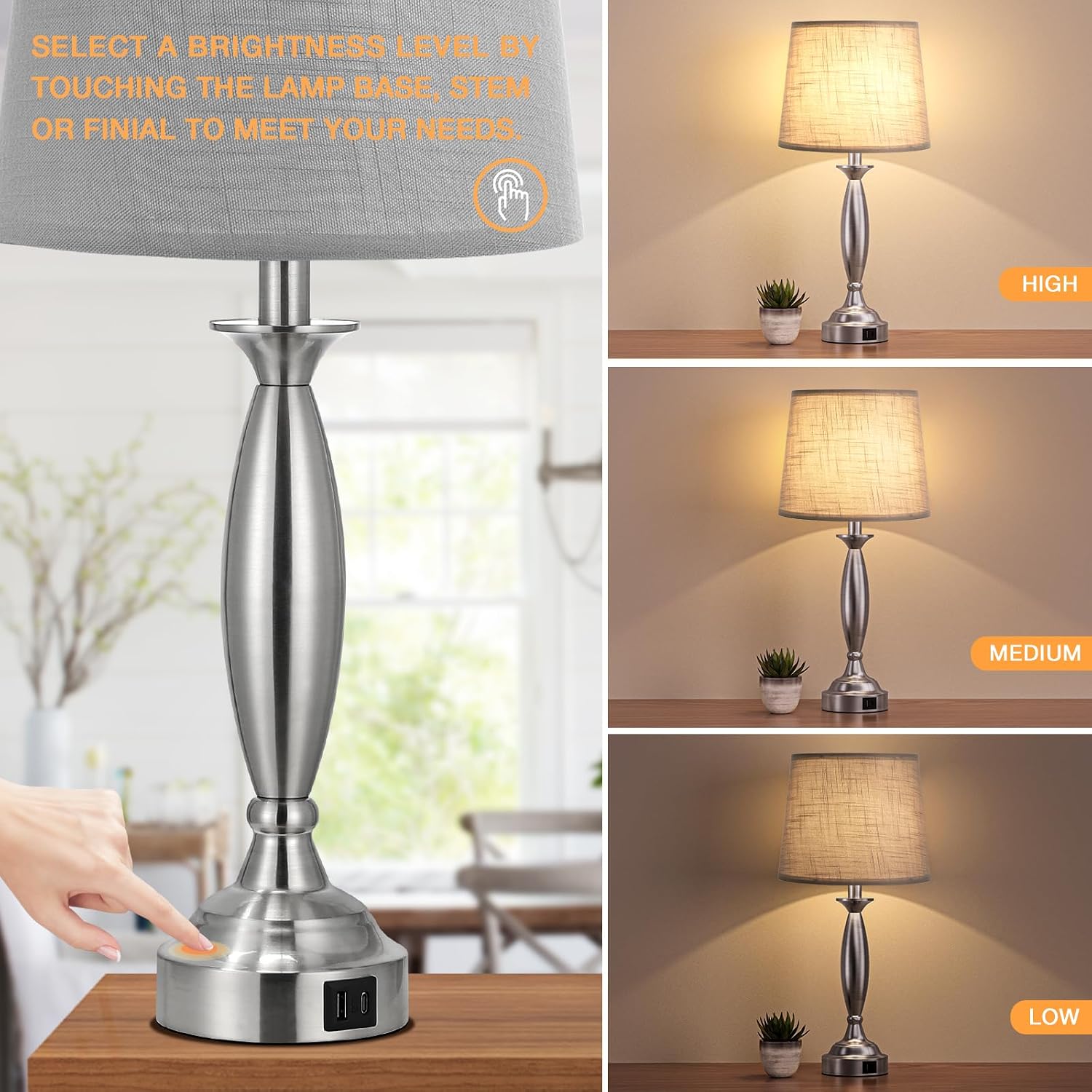 Lamps for Bedrooms Set of 2 - Touch Bedside Lamp with USB C+A, 3 Way Dimmable Nightstand Lamps with USB Port, Brushed Nickel Table Lamp…