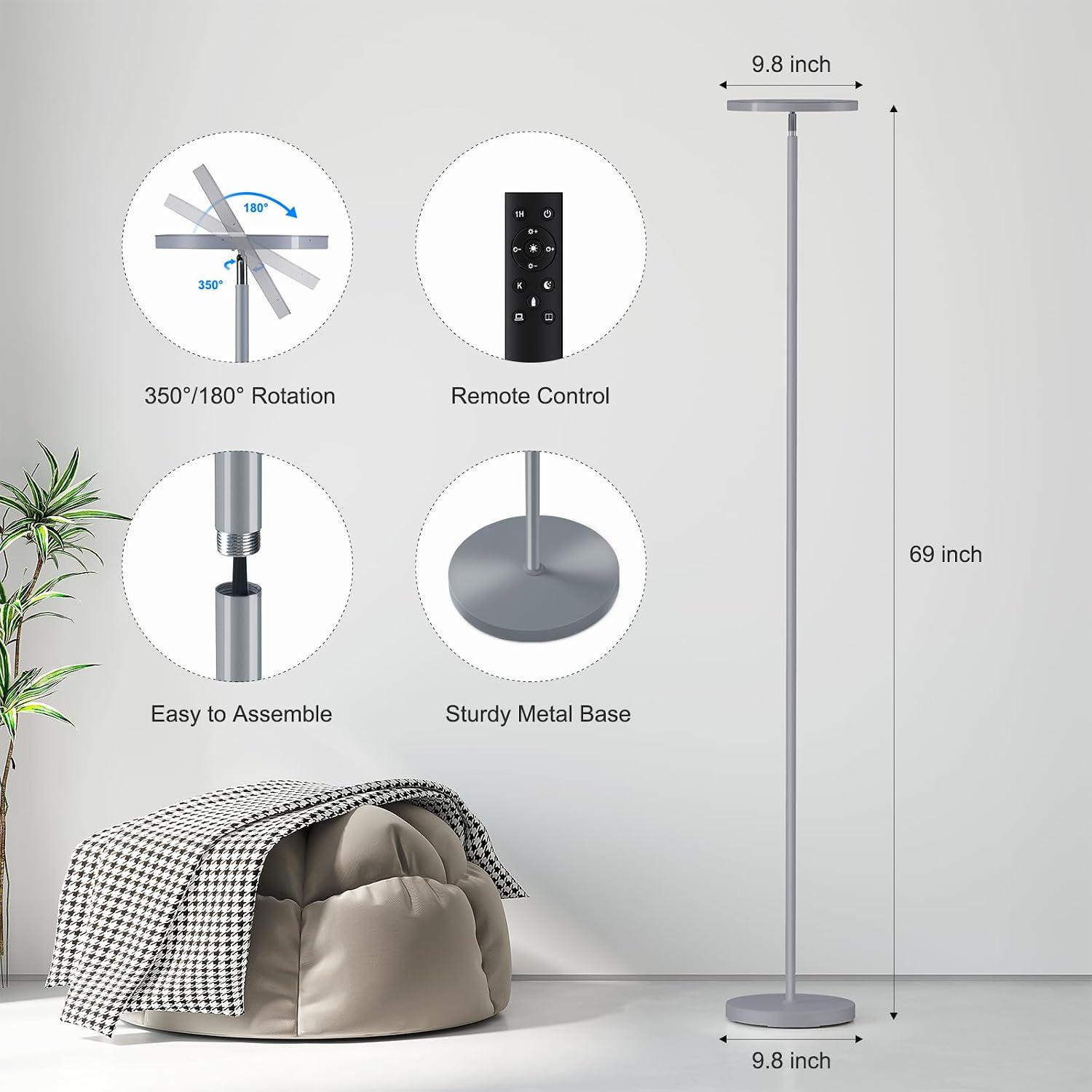 Sunmory Floor Lamps for Living Room, 32W/3000LM Super Bright LED Floor Lamp with Remote Control, 69" Tall Standing Lamp with Stepless Dimma…