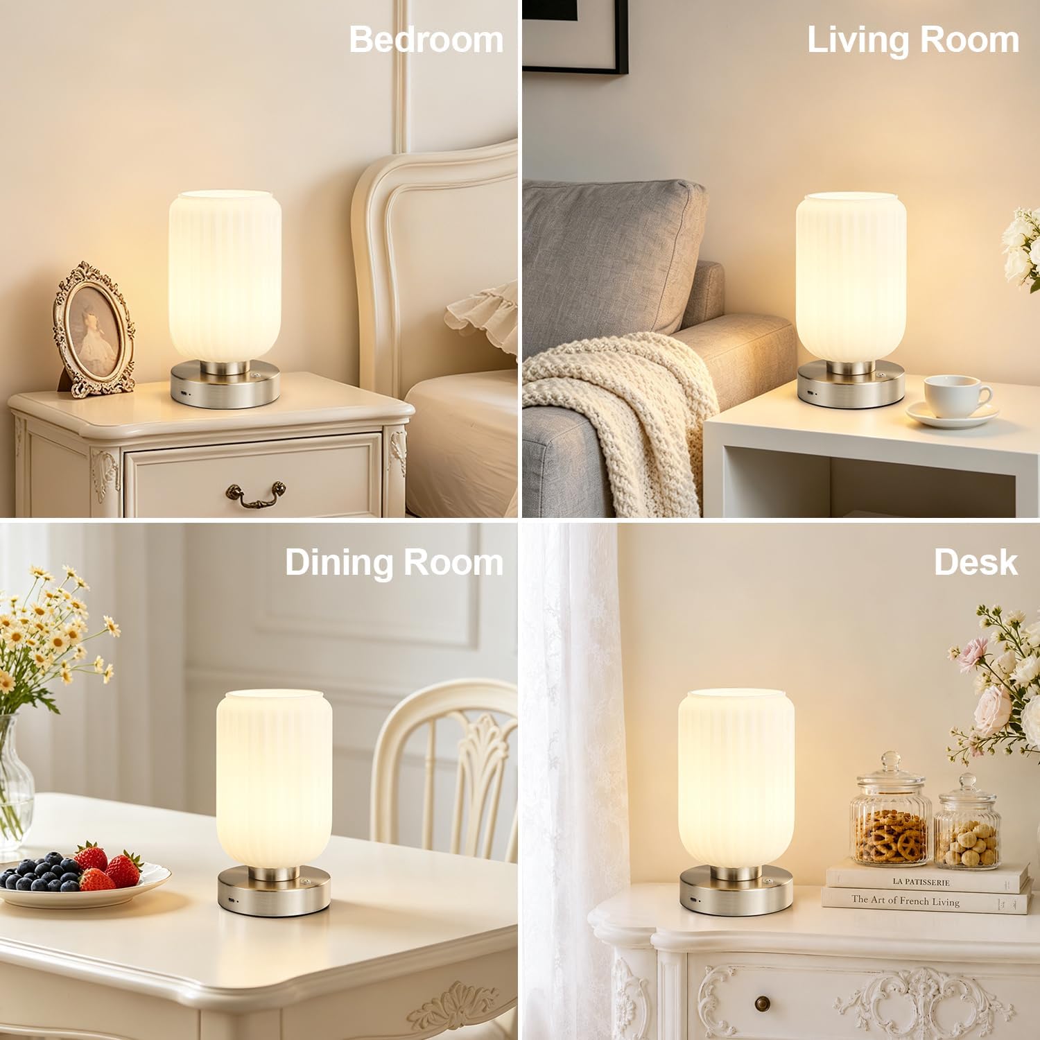 LightRound Cordless Table Lamp for Bedroom, 7500mAh Rechargeable Small Battery Lamp, Modern Touch Dimmable Wireless Lamp Brushed Nickel…